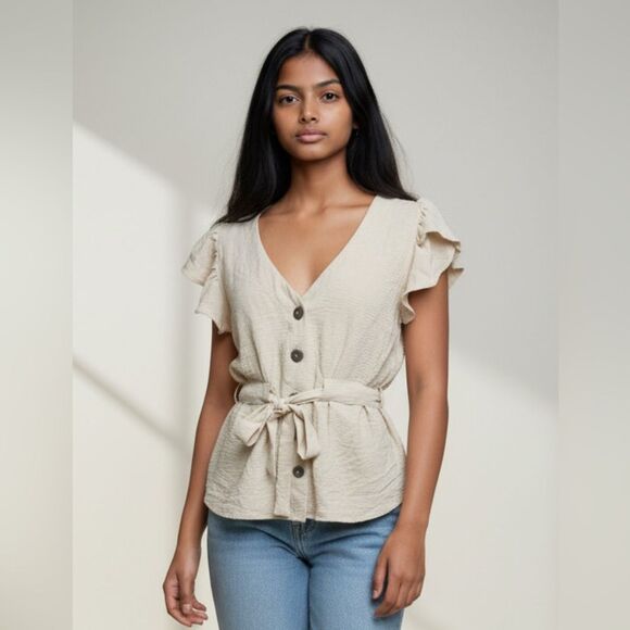 Life is for Eternity Tops - L.I.F.E. Love Is For Eternity - Cream Front Tie, Button Neck Blouse Sz XL NWT